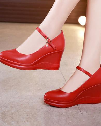 2022 Spring Autumn Women Wedges High Heel Red Black White Shoes Thick Platform Pumps Soft Leather Vintage Casual Shoes